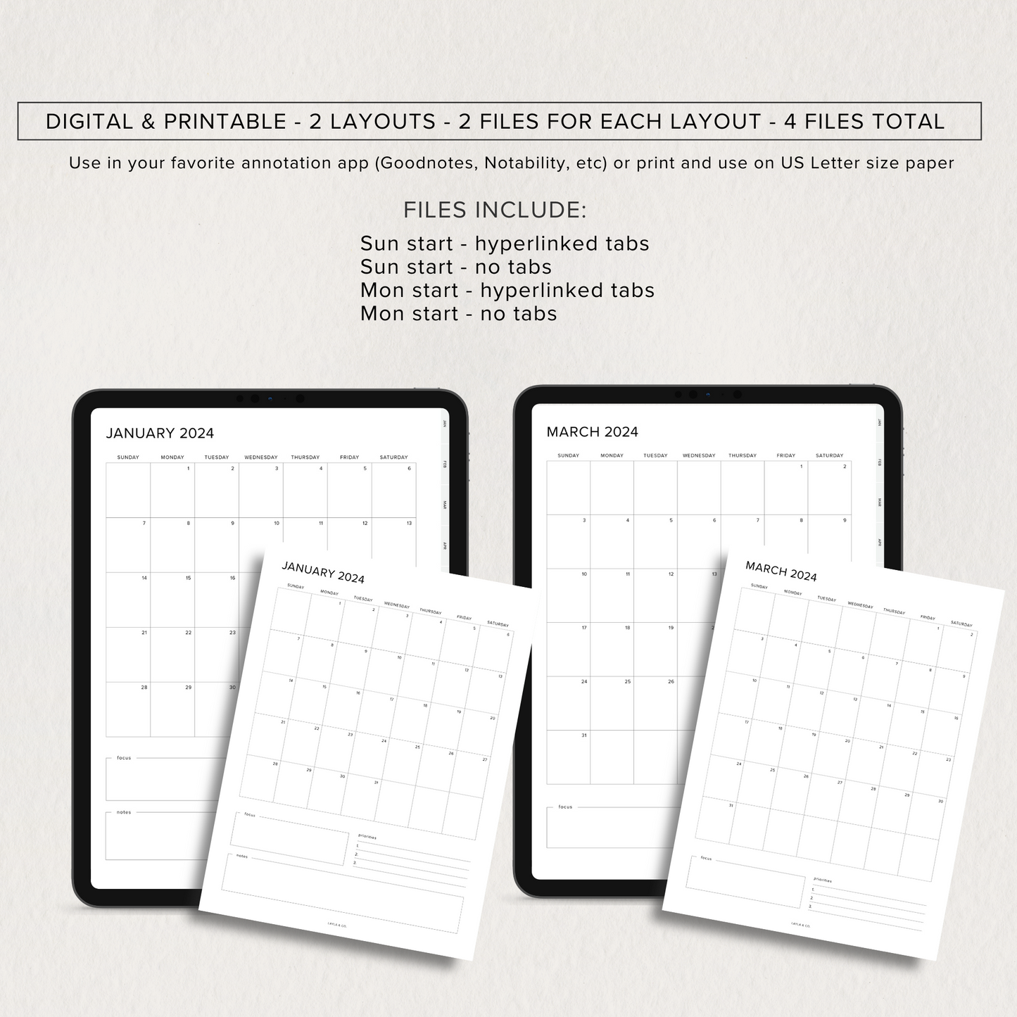 2024 Minimalist Monthly Digital Planner