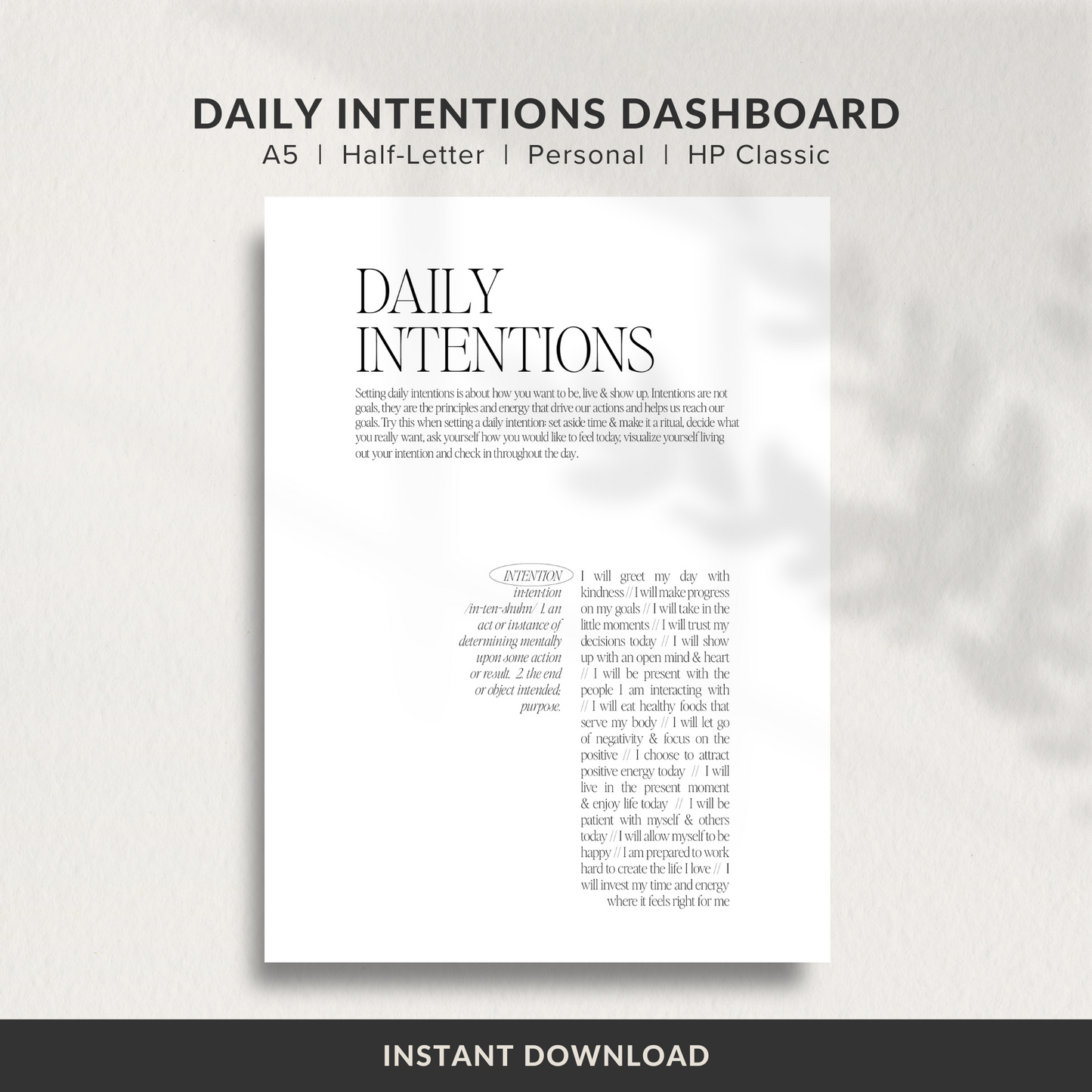 Dashboard Printable, Daily Intentions