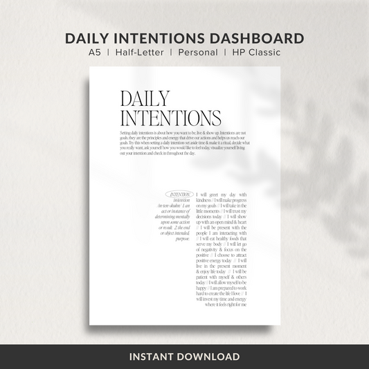 Dashboard Printable, Daily Intentions