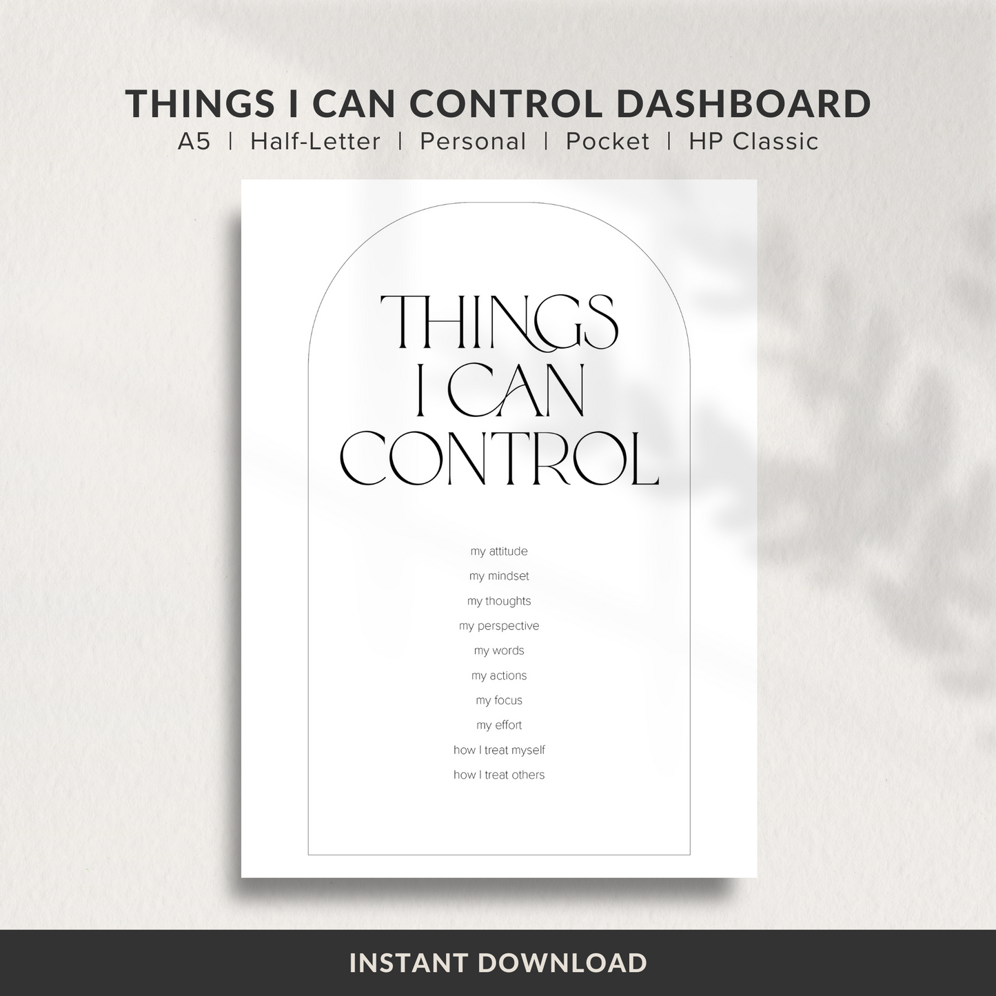 Dashboard Printable, Things I Can Control