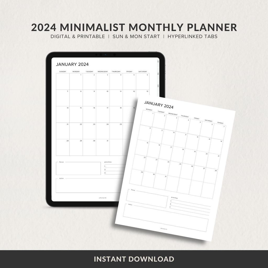 2024 Minimalist Monthly Digital Planner