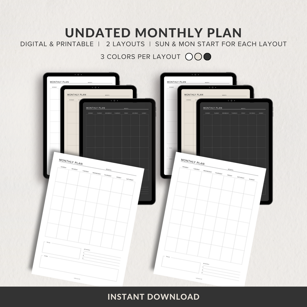 Minimalist Undated Monthly Digital Planner